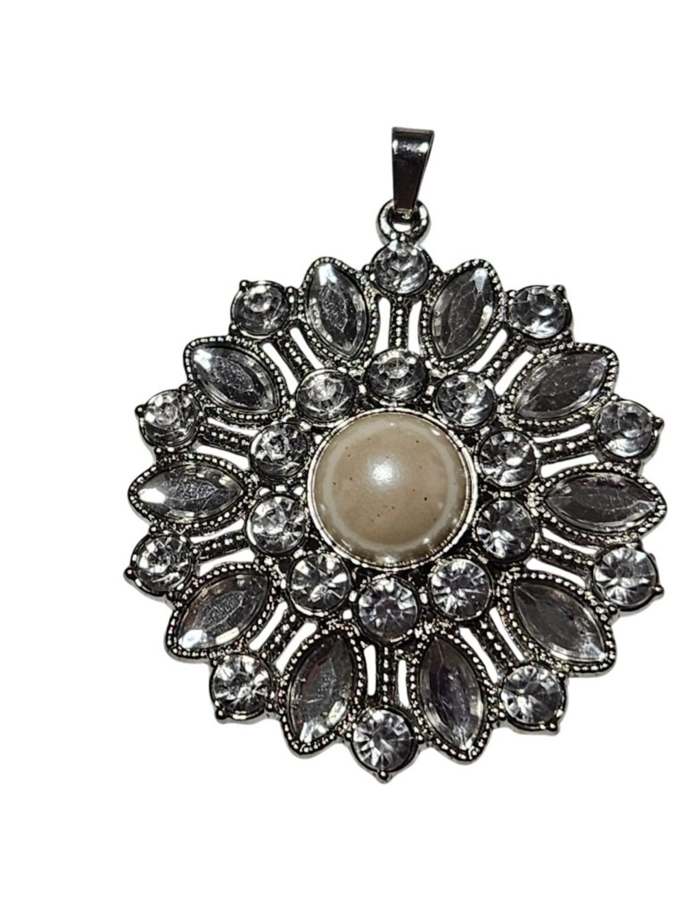 Vintage Flower Pendant Crystal Faux Pearl Silver Tone Classic Fashion Jewelry